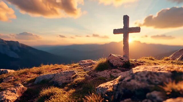 Cross in mountain landscape with sunrise. Spirituality, peace, and hope concept with bright light rays coming from behind the cross.