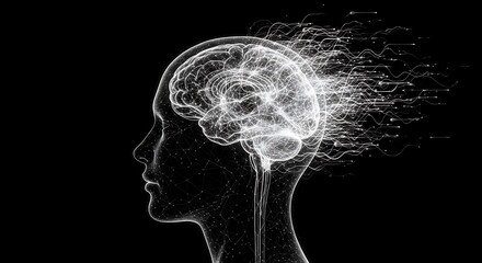 A digital illustration of a human head with a brain disintegrating into particles, set against a black background, symbolizing cognitive decline or innovation