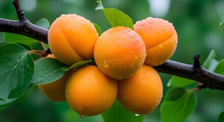 Fresh apricots on a branch glistening with water droplets in natural sunlight