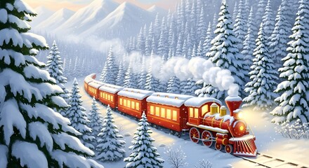 Festive red christmas train traveling through a snowy winter wonderland scene