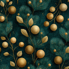 Golden glitter ball and leaf decoration with dark green pine branch seamless pattern, festive holiday background with elegant luxury style and rich texture