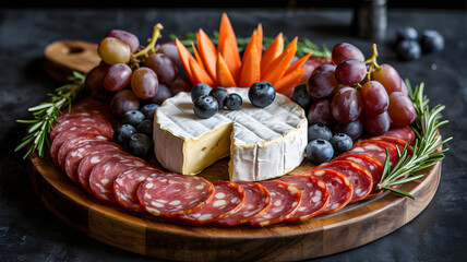 Elegant charcuterie board with cheese sliced meats grapes and berries