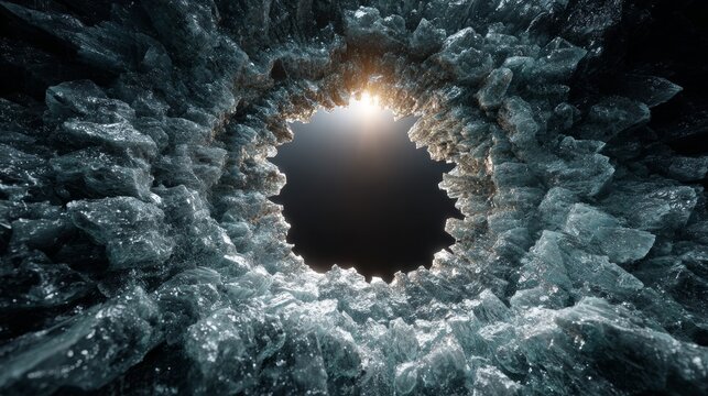 Crystal cavern opening with radiant light for dramatic sci-fi and fantasy scene concept