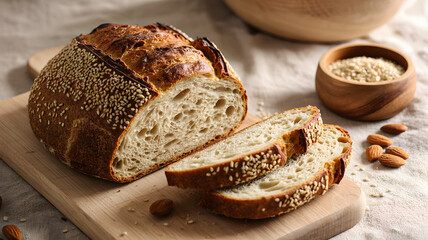 Fresh artisan bread with sliced loaf sesame crust and natural texture
