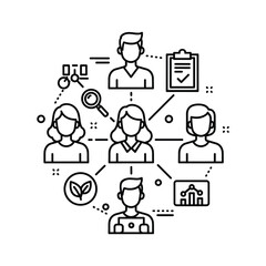 People network with business analytics, research, and task management icons