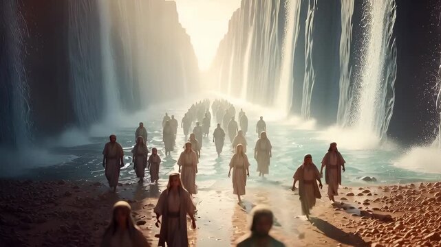 A group of people with men, a woman, and a child walk through a parted sea with water walls, representing historical exodus and divine intervention.