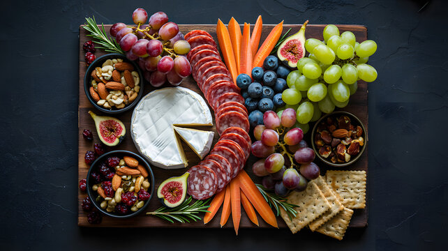 Colorful charcuterie board with cheese fruits nuts and sliced meat
- Powered by Adobe