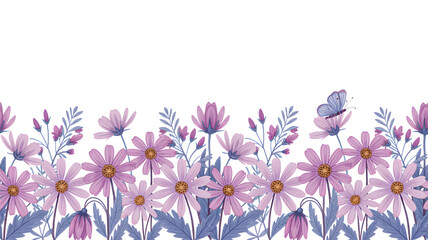 Elegant floral border with pink flowers leaves and butterfly decoration