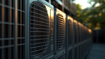 Air Conditioners Units Close Up with Industrial Cooling, and City Exterior.