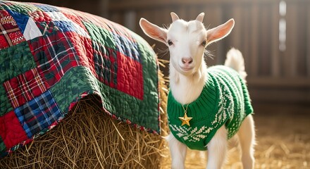 A cute baby goat wearing a green christmas sweater with a star stands next to a hay bale and a colorful patchwork quilt in a barn