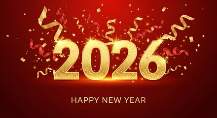 Happy new year 2026 banner with golden glitter numbers on red background and confetti, festive celebration design for holiday season greetings