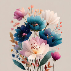 Soft pastel floral bouquet with delicate blue, pink, and white flowers and gentle leaves, creating serene and elegant botanical arrangement with subtle heart shaped accents