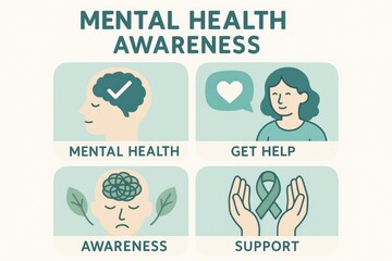 Mental health awareness illustration with supportive graphics and icons