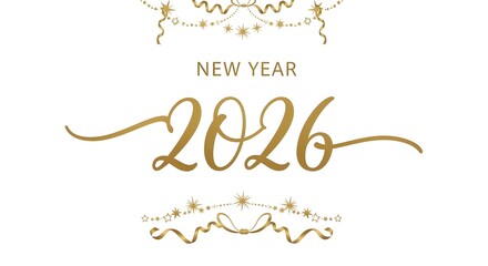 Celebrate the new year 2026 with golden lettering and festive decorations on an isolated on white background, ushering in a bright and prosperous year