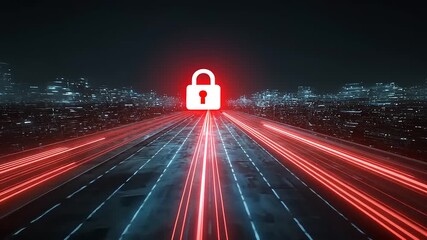 Futuristic digital landscape with a glowing lock symbol representing cybersecurity and data protection - Powered by Adobe