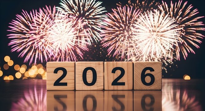 Wooden blocks displaying the year 2026 with colorful fireworks in the background, symbolizing a bright and hopeful new year celebration