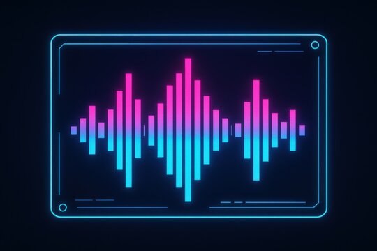 Neon audio waveform visualization encapsulating the essence of sound engineering and digital music creation illustrating dynamic amplitude variations and innovative aesthetics