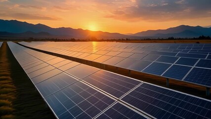 Rows of solar panels stretch into the distance under the warm glow of a sunrise or sunset, mountains silhouettes. - Powered by Adobe