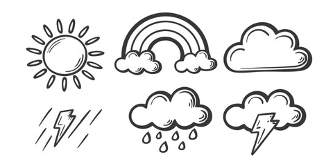 Obraz premium A collection of hand-drawn weather icons including the sun, rainbow, clouds, and lightning.
