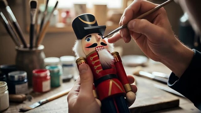 Man artist painting cute wooden christmas nutcracker doll, traditional holiday decoration hobby art craft concept