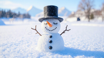Cute snowman with top hat in snowy landscape on a sunny day
