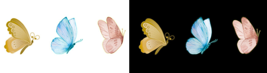 PNG image of Watercolor butterflies in gold blue and pink hues perfect for spring designs wedding invitations and naturethemed art projects with a delicate aesthetic on transparent background