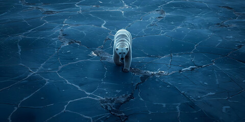 A polar bear standing on frozen blue ice in Arctic conditions.