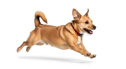 Obraz premium Small dog running on white background portraying energetic playful movement for canine activity concept and lifestyle-focused educational content