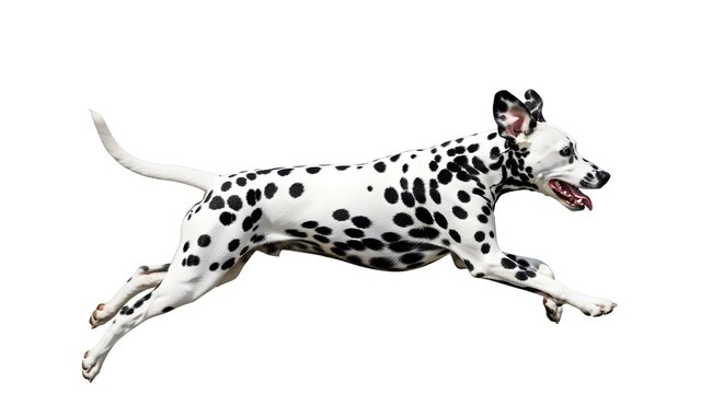 Dalmatian dog running on white background emphasizing energetic motion and playful pet activity for canine lifestyle concept and training-focused content