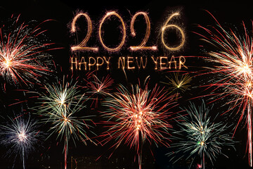 Happy New Year 2026. Burning sparkling text 2026 isolated on black background.