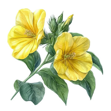 Evening Primrose Flower, watercolor drawing vector, isolated on a white background.