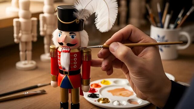 Man hand painting a nutcracker figurine on a wooden table. Artistic craft creation and holiday decor concept.