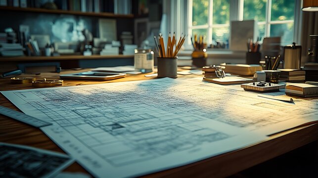 Architectural Desk with blueprints with pencils.
