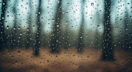 Raindrops clinging to a window pane, blurring the view of a forest with bare trees in the background, creating a tranquil and atmospheric scene