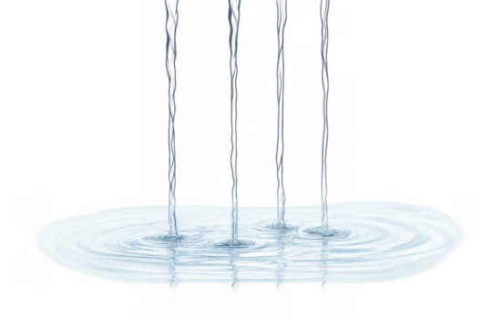 Water streams pouring creating ripples in a clear puddle on a transparent background, symbolizing hydration and freshness