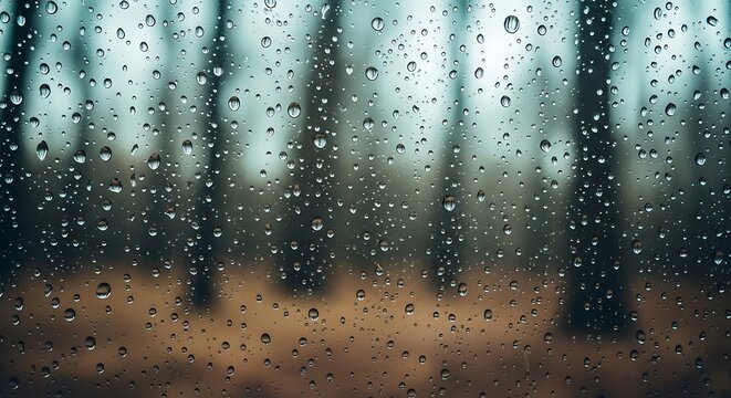 Raindrops clinging to a window pane, blurring the view of a forest with bare trees in the background, creating a tranquil and atmospheric scene