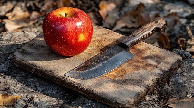 Apple and knife on wood cutting board.