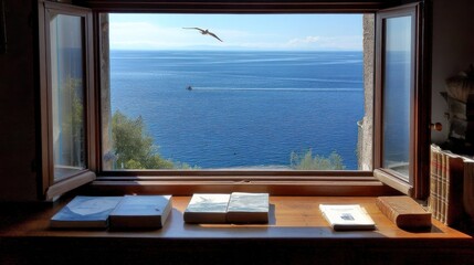 Fototapeta premium Open window overlooking vast ocean with seagull in flight and boat at sea