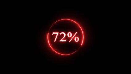 Business discount percent number. Neon counting 72% number illustration on black background.