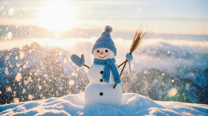 Happy snowman wearing a blue hat and scarf holding a broom in a winter landscape