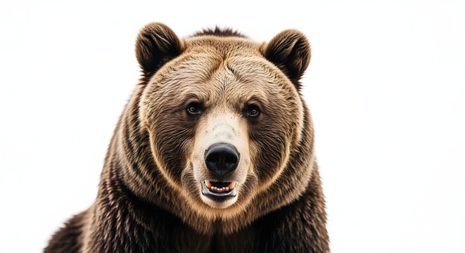 Close-up of a Grizzly Bear's Face with an Intense Stare on a White Background