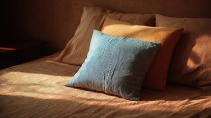 minimalist student apartment Cozy bed with textured pillows and warm tones creating a relaxing atmosphere.