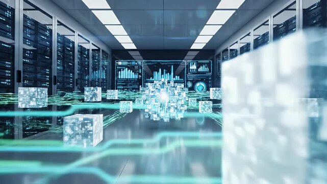 Data Center Visualization: Futuristic Network and Server Room Concept.