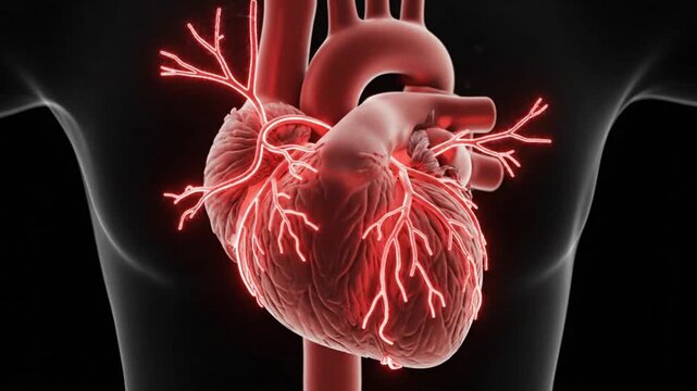 Animated human heart with glowing arteries pulsating with life, ideal for medical research, educational videos, and healthcare marketing campaigns