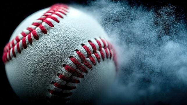 Vertical energy blast: baseball disintegrates into dust cloud, orange sparks on black, copy-space for tagline&mdash;ideal for fitness-app splash, sneaker hero or match-stream cover.