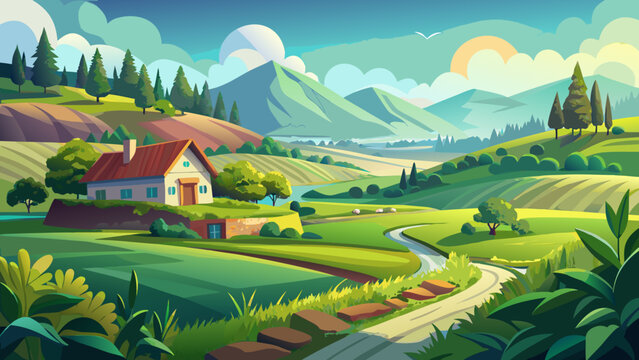 Very beautiful illustration of a lush green countryside landscape featuring soft rolling meadows, fresh spring greenery, gentle rural terrain, and a calm outdoor atmosphere with natural light and clea
