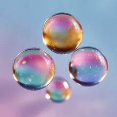 Floating pastel liquid bubbles representing AI, crystal clear water texture. AI agents and digital assets as abstract, iridescent floating liquid spheres.