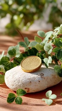 Matte gold coin on organic travertine stone, biophilic workspace with vines. A matte gold coin on organic travertine for an eco-wealth aesthetic.