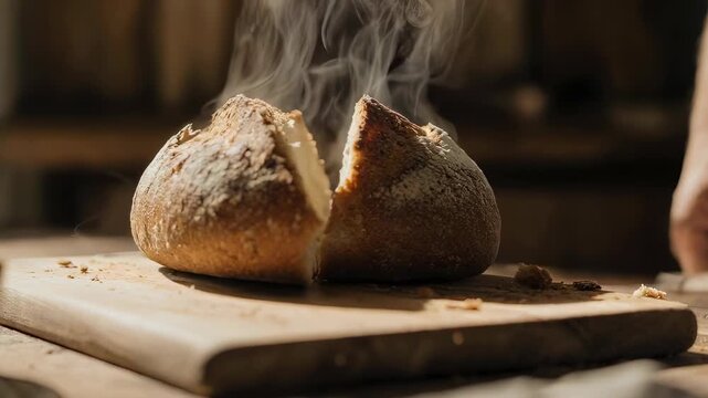 Freshly Baked Artisan Bread on Wooden Cutting Board with Hand Slicing
