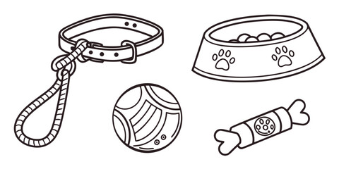 A dog collar, leash, food bowl, toy ball, and a bone-shaped treat are depicted in this illustration.
